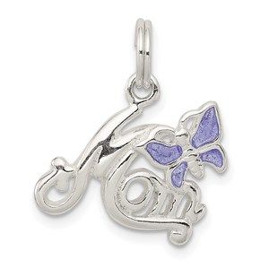 925 Sterling Silver Polished Mom Butterfly Enameled Necklace Charm Pendant
